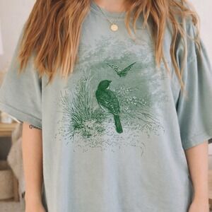 Birds in Nature Graphic Tee Intricate Engraving Art Print